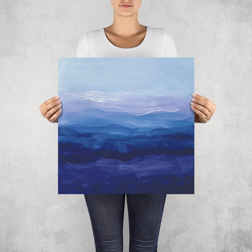 Sabu – limited edition abstract art print by INKIS, shown unframed and held for scale in 50 × 50 cm size, featuring soothing blue colour gradients, available at Tonomi