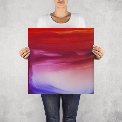 Sakura – limited edition abstract art print by INKIS, shown unframed and held for scale in 50 × 50 cm size, featuring vibrant red, pink, and purple colour gradients, available at Tonomi