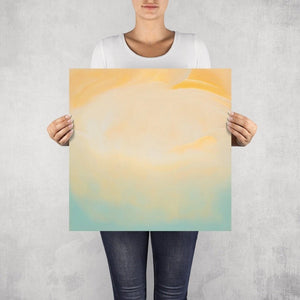 Sand – limited edition abstract art print by INKIS, shown unframed and held for scale in 50 × 50 cm size, featuring soothing beige, green, and yellow colour gradients, available at Tonomi