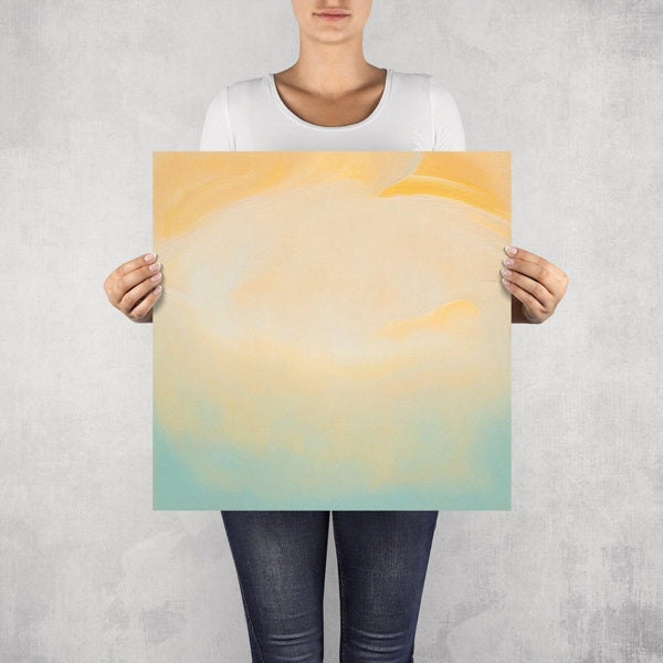 Sand – limited edition abstract art print by INKIS, shown unframed and held for scale in 50 × 50 cm size, featuring soothing beige, green, and yellow colour gradients, available at Tonomi