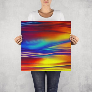 Sante – limited edition abstract art print by INKIS, shown unframed and held for scale in 50 × 50 cm size, featuring vibrant red, blue, and yellow colour gradients, available at Tonomi