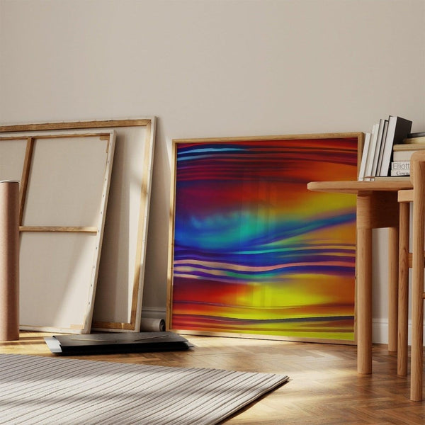Sante – limited edition abstract art print by INKIS, shown framed in an art studio interior with vibrant red, blue, and yellow tones, sold unframed by Tonomi