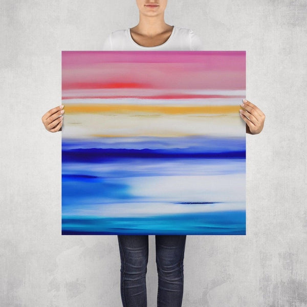 Santorini – limited edition abstract art print by INKIS, shown unframed and held for scale in 70 × 70 cm size, featuring vibrant pinks, blues, and yellow colour gradients, available at Tonomi