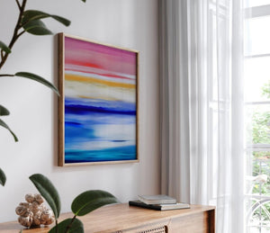 Santorini – limited edition abstract art print by INKIS, shown framed as wall art in a modern interior for styling inspiration, sold unframed by Tonomi