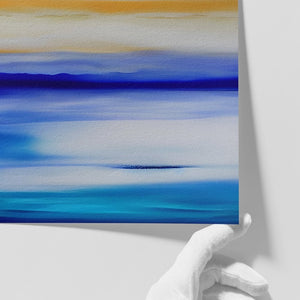 Close-up of Santorini limited-edition art print by INKIS, showing depth of colour on archival textured Hahnemühle Museum Etching paper, sold unframed by Tonomi