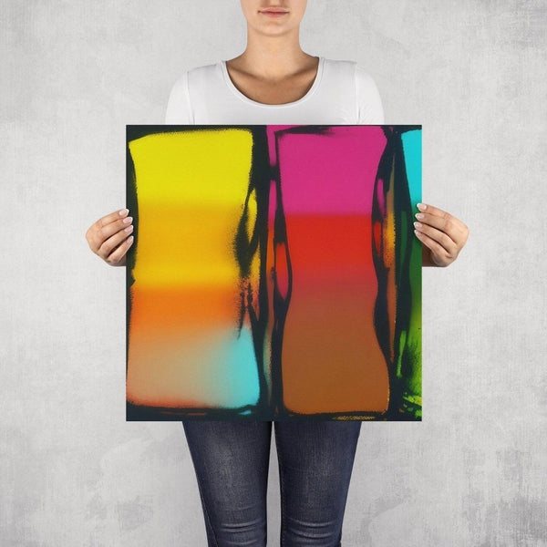 Sato – limited edition abstract art print by INKIS, shown unframed and held for scale in 50 × 50 cm size, featuring vibrant red, pink, sky bluw and yellow colour gradients, available at Tonomi