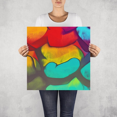 Simi  – limited edition abstract art print by INKIS, shown unframed and held for scale in 50 × 50 cm size, featuring vibrant red, green, and yellow colour gradients, available at Tonomi