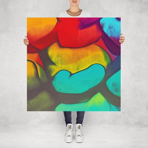 Simi  – limited edition abstract art print by INKIS, shown unframed and held for scale in 100 × 100 cm size, featuring vibrant red, green, and yellow colour gradients, available at Tonomi