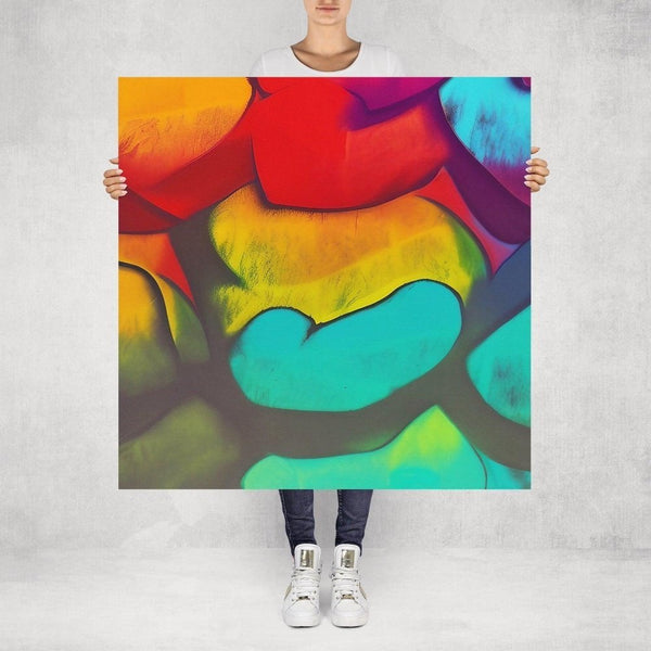Simi  – limited edition abstract art print by INKIS, shown unframed and held for scale in 100 × 100 cm size, featuring vibrant red, green, and yellow colour gradients, available at Tonomi