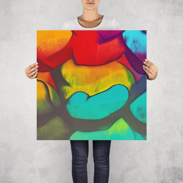 Simi  – limited edition abstract art print by INKIS, shown unframed and held for scale in 70 × 70 cm size, featuring vibrant red, green, and yellow colour gradients, available at Tonomi