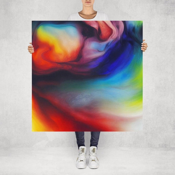 Simmer – limited edition abstract art print by INKIS, shown unframed and held for scale in 100 × 100 cm size, featuring vibrant red, blue, and green colour gradients, available at Tonomi