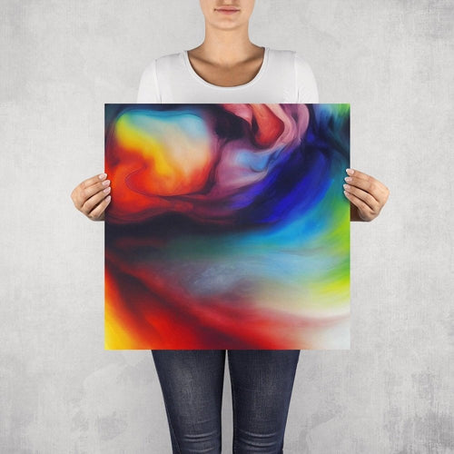 Simmer – limited edition abstract art print by INKIS, shown unframed and held for scale in 50 × 50 cm size, featuring vibrant red, blue, and green colour gradients, available at Tonomi