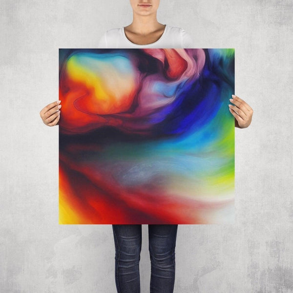 Simmer – limited edition abstract art print by INKIS, shown unframed and held for scale in 70 × 70 cm size, featuring vibrant red, blue, and green colour gradients, available at Tonomi