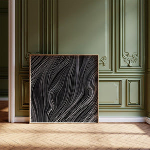 Soir – limited edition abstract art print by INKIS, shown framed with flowing black and white linework in a classic green interior, sold unframed by Tonomi
