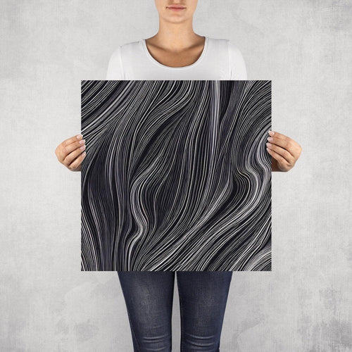 Soir– limited edition abstract art print by INKIS, shown unframed and held for scale in 50 × 50 cm size, featuring fluid white lines, available at Tonomi