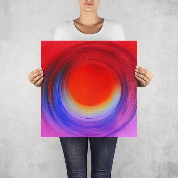 Soul – limited edition abstract art print by INKIS, shown unframed and held for scale in 50 × 50 cm size, featuring vibrant red, purple, and blue colour gradients, available at Tonomi
