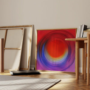 Soul – limited edition abstract art print by INKIS, shown framed in an art studio interior with vibrant red, blue, and yellow tones, sold unframed by Tonomi