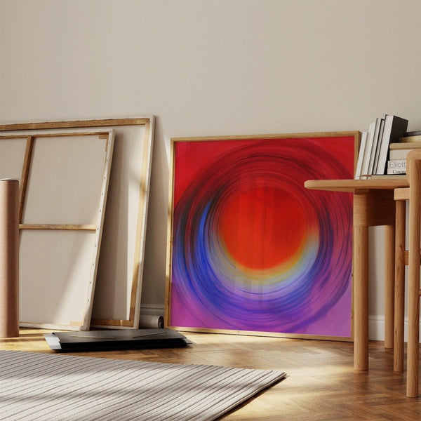 Soul – limited edition abstract art print by INKIS, shown framed in an art studio interior with vibrant red, blue, and yellow tones, sold unframed by Tonomi