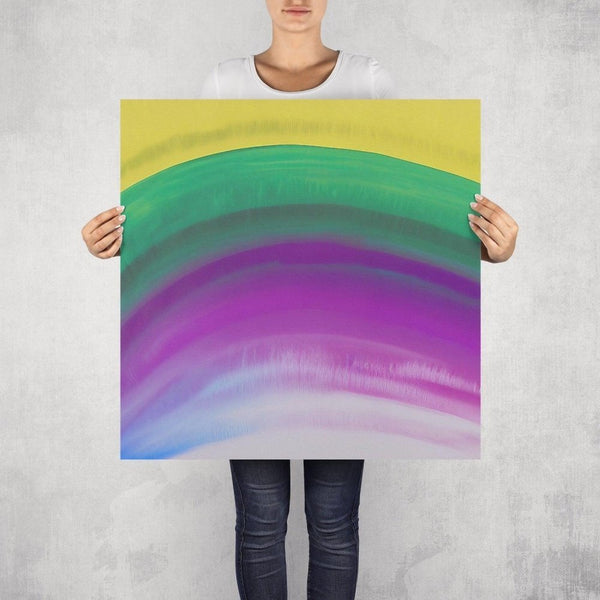 Spectrum – limited edition abstract art print by INKIS, shown unframed and held for scale in 70 × 70 cm size, featuring vibrant rainbow gradients, available at Tonomi