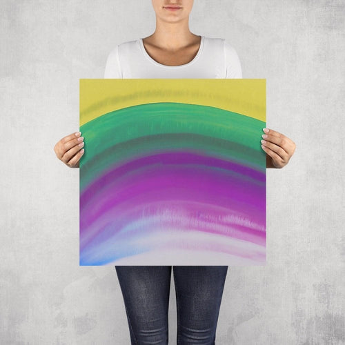 Spectrum – limited edition abstract art print by INKIS, shown unframed and held for scale in 50 × 50 cm size, featuring vibrant rainbow gradients, available at Tonomi