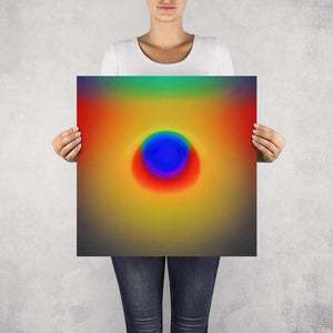 Stimuli – limited edition abstract art print by INKIS, shown unframed and held for scale in 50 × 50 cm size, featuring vibrant yellow, green and red colour gradients, available at Tonomi