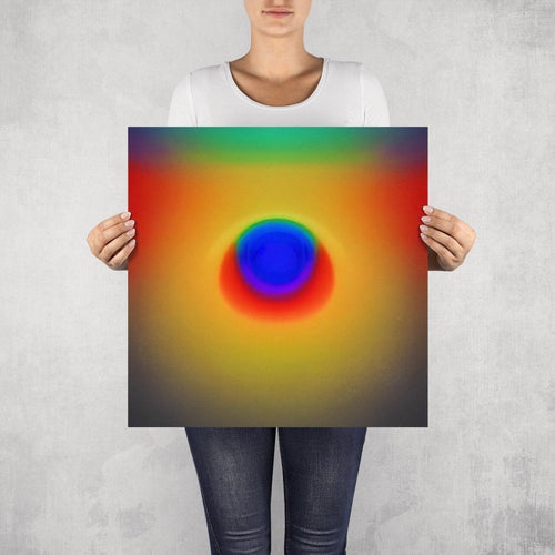 Stimuli – limited edition abstract art print by INKIS, shown unframed and held for scale in 50 × 50 cm size, featuring vibrant yellow, green and red colour gradients, available at Tonomi