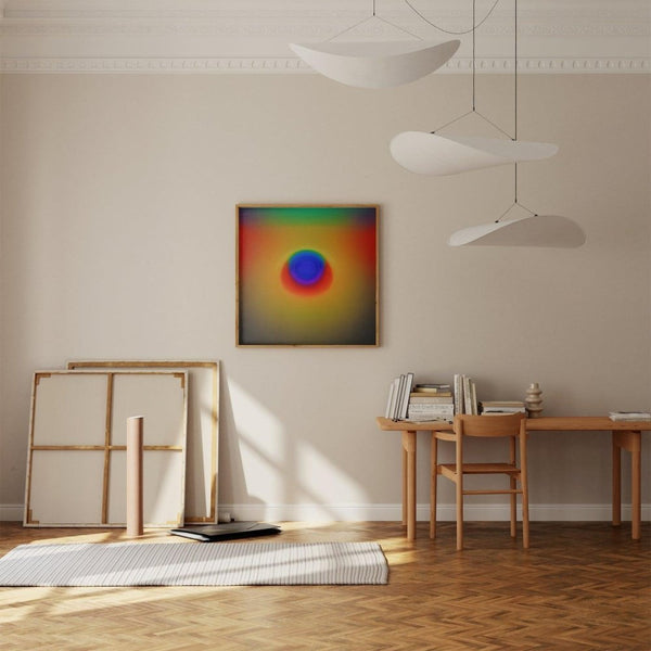 Stimuli – limited edition abstract art print by INKIS, shown framed in an art studio interior with vibrant yellow, green, blue, and yellow tones, sold unframed by Tonomi