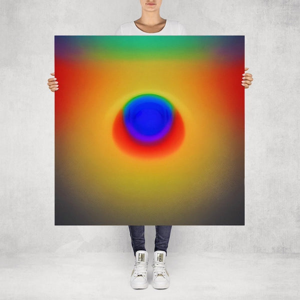 Stimuli – limited edition abstract art print by INKIS, shown unframed and held for scale in 100 × 100 cm size, featuring vibrant yellow, green and red colour gradients, available at Tonomi