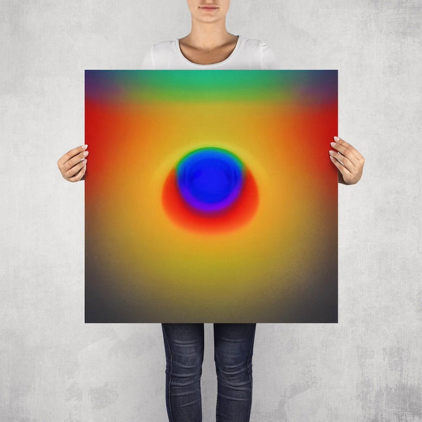 Stimuli – limited edition abstract art print by INKIS, shown unframed and held for scale in 70 × 70 cm size, featuring vibrant yellow, green and red colour gradients, available at Tonomi