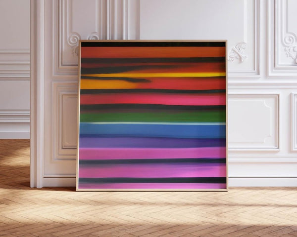 Stipa – limited edition abstract art print by INKIS, shown framed with bold horizontal colour bands in a classic interior, sold unframed by Tonomi