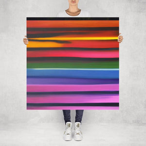 Stipa – limited edition abstract art print by INKIS, shown unframed and held for scale in 100 × 100 cm size, featuring vibrant horizontal stripes, available at Tonomi