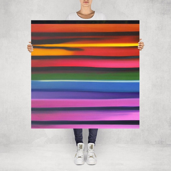 Stipa – limited edition abstract art print by INKIS, shown unframed and held for scale in 100 × 100 cm size, featuring vibrant horizontal stripes, available at Tonomi