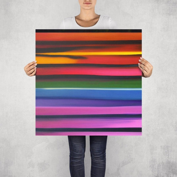 Stipa – limited edition abstract art print by INKIS, shown unframed and held for scale in 70 × 70 cm size, featuring vibrant horizontal stripes, available at Tonomi