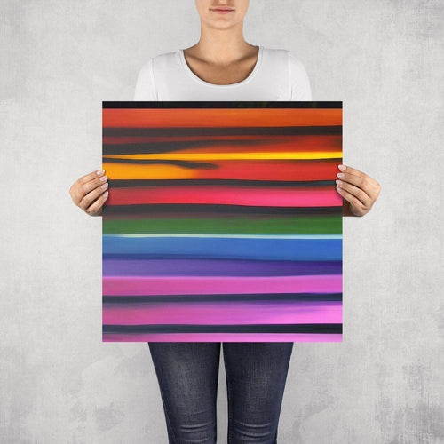Stipa – limited edition abstract art print by INKIS, shown unframed and held for scale in 50 × 50 cm size, featuring vibrant horizontal stripes, available at Tonomi