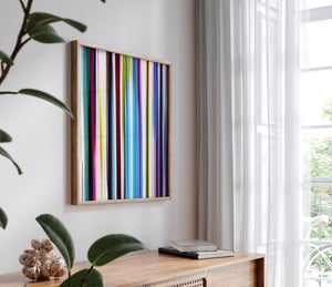 Stripped – limited edition abstract art print by INKIS, shown framed as wall art in a modern interior for styling inspiration, sold unframed by Tonomi