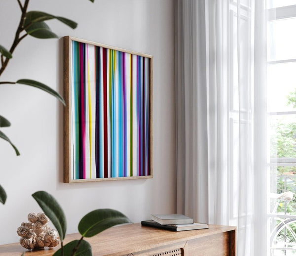 Stripped – limited edition abstract art print by INKIS, shown framed as wall art in a modern interior for styling inspiration, sold unframed by Tonomi