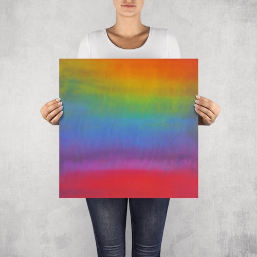 Summer – limited edition abstract art print by INKIS, shown unframed and held for scale in 50 × 50 cm size, featuring vibrant rainbow colour gradient, available at Tonomi