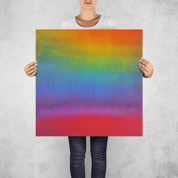 Summer – limited edition abstract art print by INKIS, shown unframed and held for scale in 70 × 70 cm size, featuring vibrant rainbow colour gradient, available at Tonomi