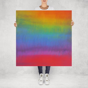 Summer – limited edition abstract art print by INKIS, shown unframed and held for scale in 100 × 100 cm size, featuring vibrant rainbow colour gradient, available at Tonomi