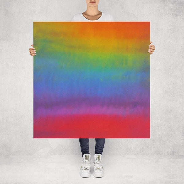 Summer – limited edition abstract art print by INKIS, shown unframed and held for scale in 100 × 100 cm size, featuring vibrant rainbow colour gradient, available at Tonomi