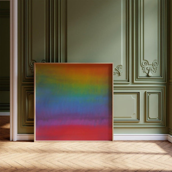 Summer – limited edition abstract art print by INKIS, shown framed in an elegant interior with soft rainbow colour gradients, sold unframed by Tonomi