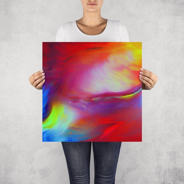 Surge – limited edition abstract art print by INKIS, shown unframed and held for scale in 50 × 50 cm size, featuring vibrant red, pink, and neon yellow colour gradients, available at Tonomi