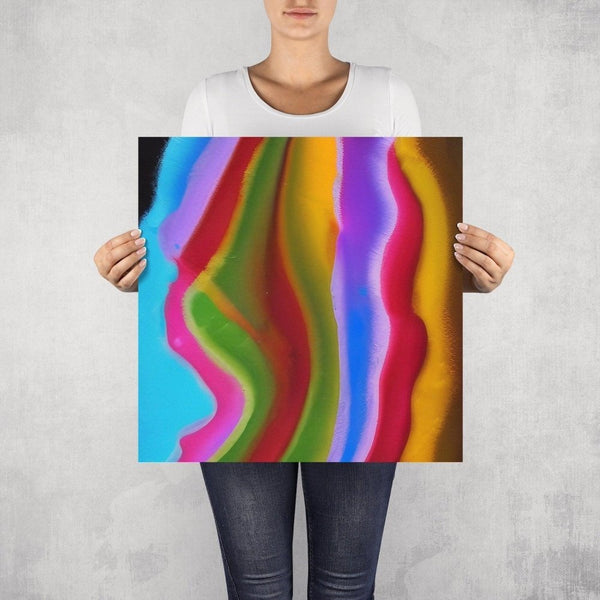 Suzi – limited edition abstract art print by INKIS, shown unframed and held for scale in 50 × 50 cm size, featuring vibrant black, green, blue and yellow colour gradients, available at Tonomi