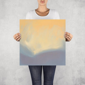 Swathe – limited edition abstract art print by INKIS, shown unframed and held for scale in 50 × 50 cm size, featuring soothing beige, blues, and purple colour gradients, available at Tonomi