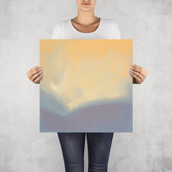 Swathe – limited edition abstract art print by INKIS, shown unframed and held for scale in 50 × 50 cm size, featuring soothing beige, blues, and purple colour gradients, available at Tonomi