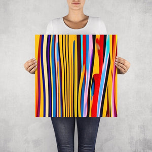 Sync – limited edition abstract art print by INKIS, shown unframed and held for scale in 50 × 50 cm size, featuring vibrant vertical stripes, available at Tonomi