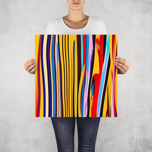 Sync – limited edition abstract art print by INKIS, shown unframed and held for scale in 50 × 50 cm size, featuring vibrant vertical stripes, available at Tonomi