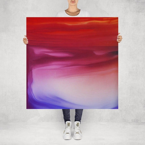 Model revealing the large 'Sakura' abstract painting with a dynamic colour palette