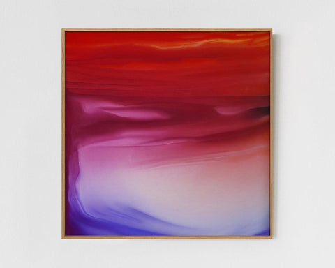 Abstract artwork titled 'Sakura' framed featuring waves in hues of red, blue hues, and purple