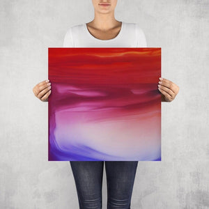 Model holding the 'Sakura' abstract artwork print, emphasizing the fusion of red, blue, and purple